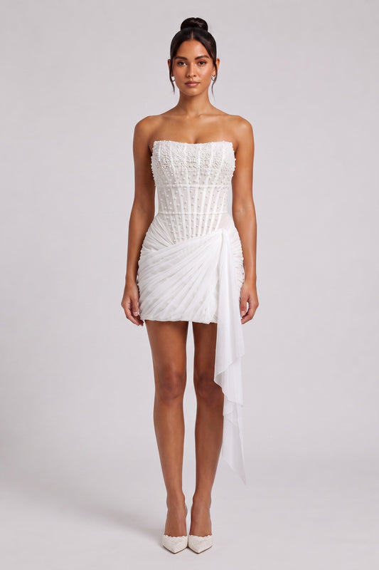 White Structured Crepe Fitted Corset Mini Dress with Draped Wrap Skirt white structured crepe mini dress - product view 1