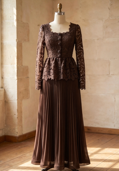 Dark Brown Guipure Lace Peplum Top & Pleated Maxi Skirt Two-Piece Set