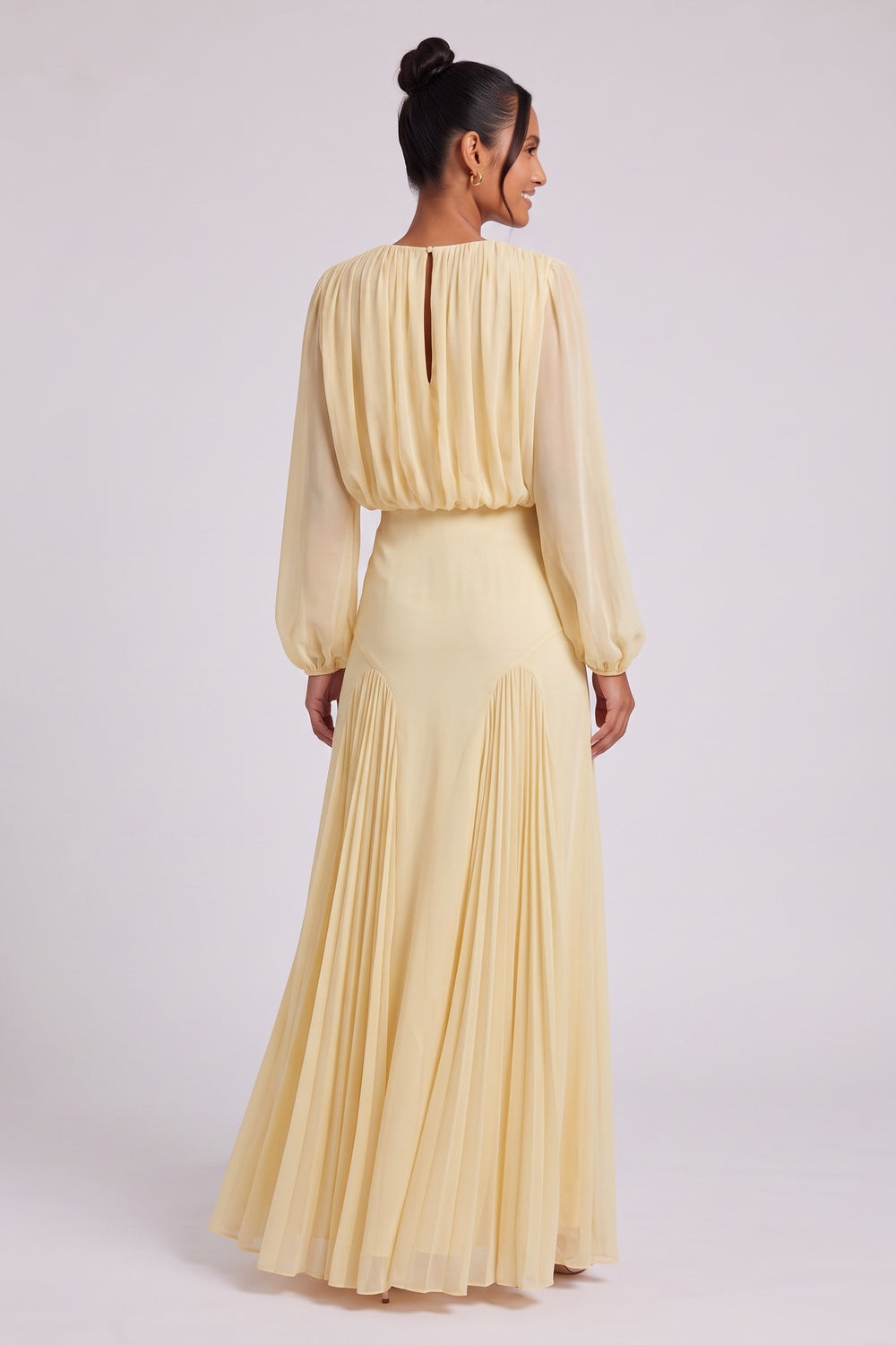 Pale Yellow Chiffon Blouson Bodice Maxi Dress pale yellow chiffon dress - product view 5