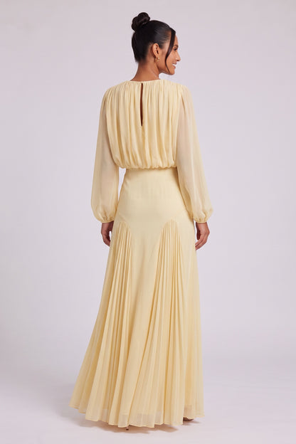 Pale Yellow Chiffon Blouson Bodice Maxi Dress pale yellow chiffon dress - product view 5