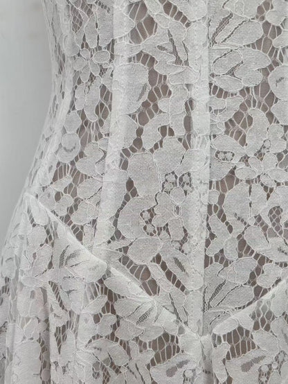 White Floral Lace A-Line Midi Dress with Keyhole Neckline