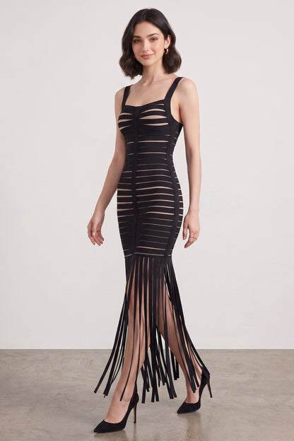 Black Bandage Knit Fringe Maxi Dress black bandage knit dress - product view 3