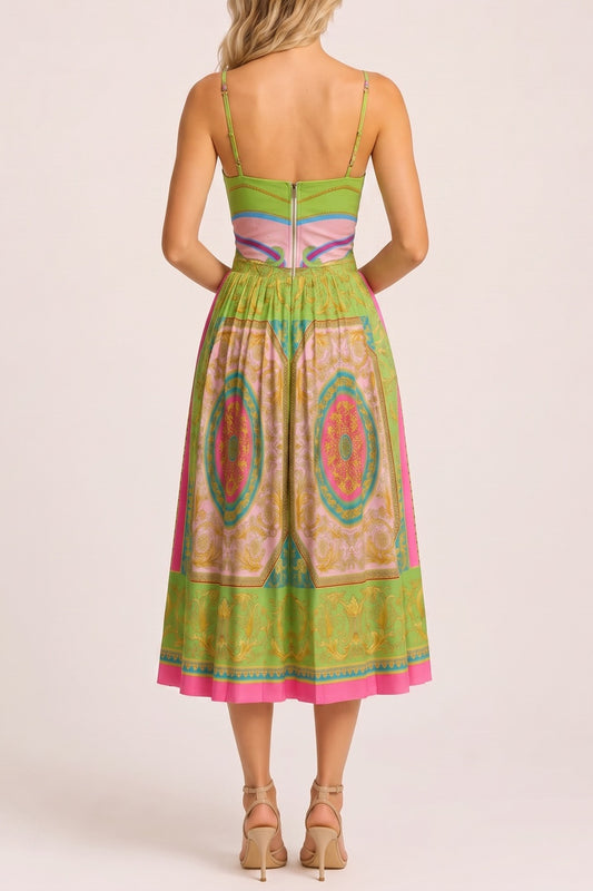 Adjustable Strap Corset Baroque Print A-Line Midi Dress
