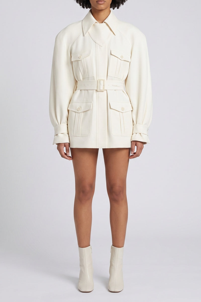 Collared Long Sleeve Belted Cargo Pocket Mini Field Jacket