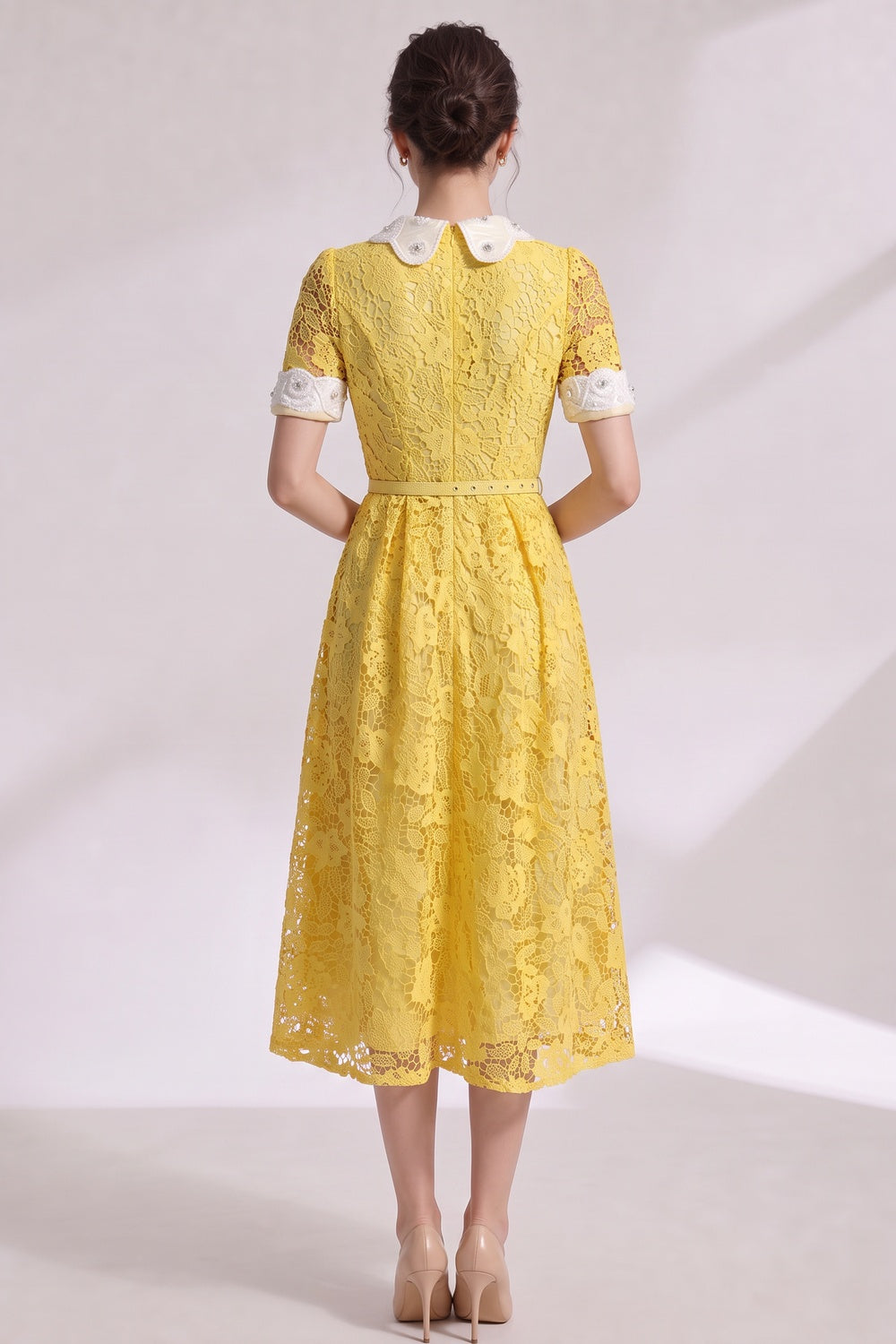 Yellow Guipure Floral Lace A-Line Midi Dress yellow guipure floral lace dress - product view 5