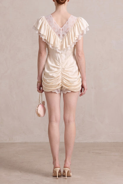 Lace V-Neck Ruffle Satin Mini Romper
