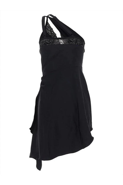 one-shoulder lace hollow mini dress in black