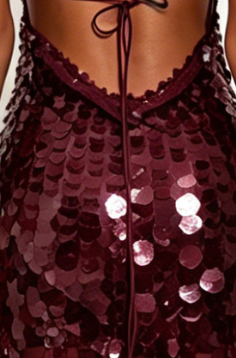 Burgundy Sequined Mesh Sheath with Flared Sheer Lower Skirt Evening Dress