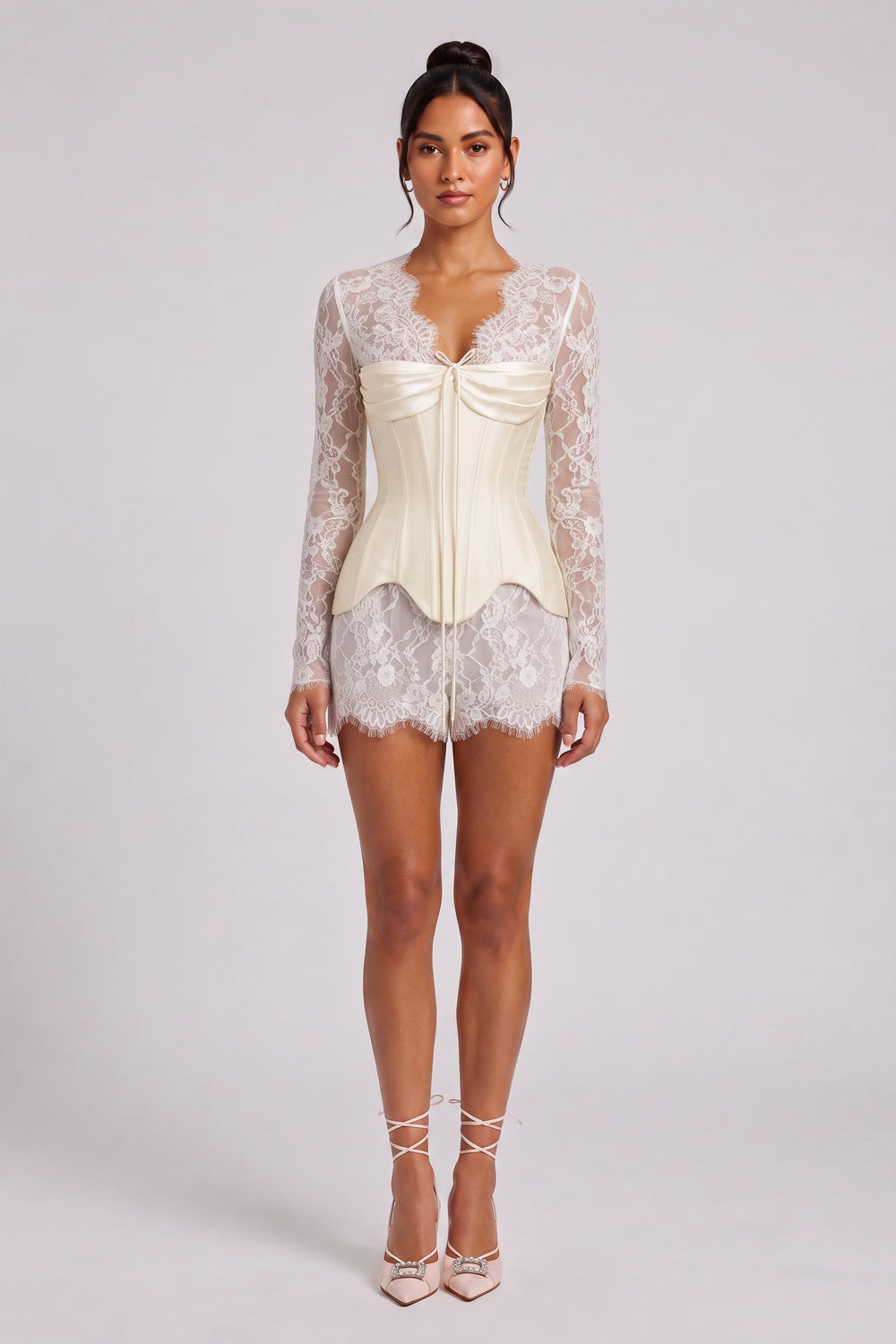 Cream Sheer Floral Lace Fitted Hourglass Layered Romper and Corset Set cream, ivory sheer floral lace layered romper and corset set - product view 1