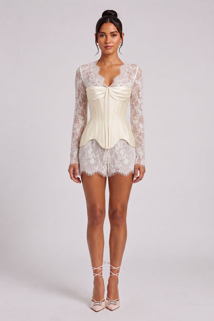 Cream Sheer Floral Lace Fitted Hourglass Layered Romper and Corset Set cream, ivory sheer floral lace layered romper and corset set - product view 1