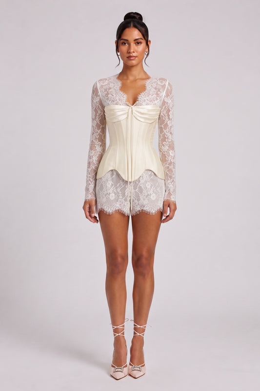 Cream Sheer Floral Lace Fitted Hourglass Layered Romper and Corset Set cream, ivory sheer floral lace layered romper and corset set - product view 1