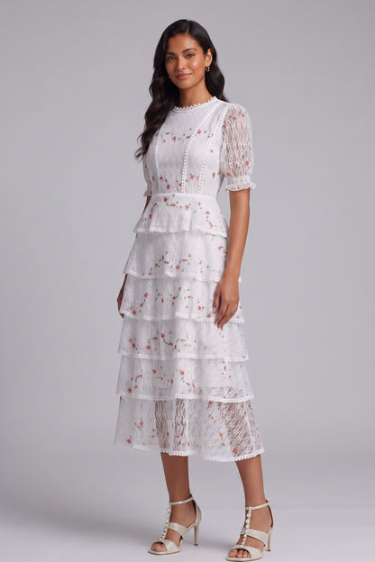 White Tiered Floral Midi Dress Premium Fabric - product view 3