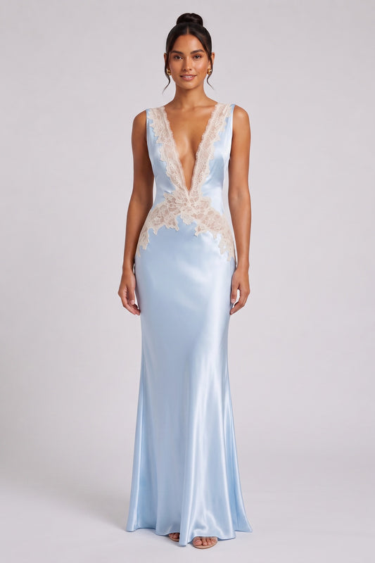 Light Blue Satin Slip Gown with Lace Applique light blue satin gown - product view 1