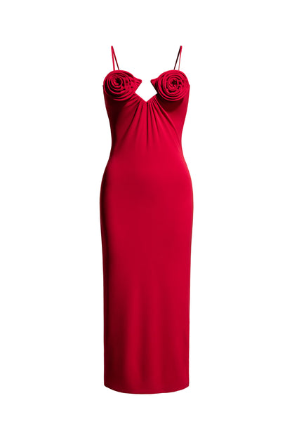 Rose Appliqué Strappy maxi Dress in red