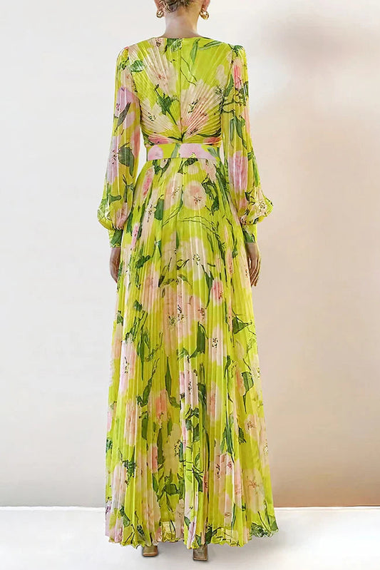 V-neck silk printed pleated maxi dress in yellow