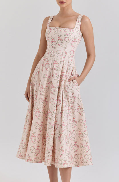 gemma Floral Cream Lace-Up Stretch Cotton Midi Dress