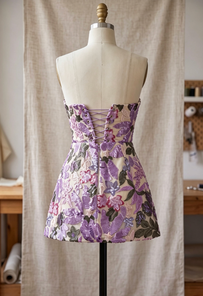 Purple Embroidered Mesh Overlay A-Line Mini Dress