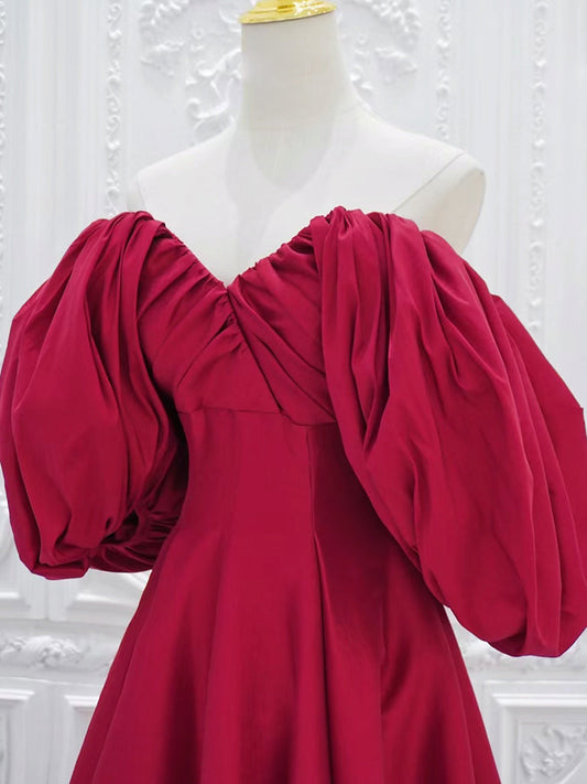 Red Puff Sleeves Satin Dress