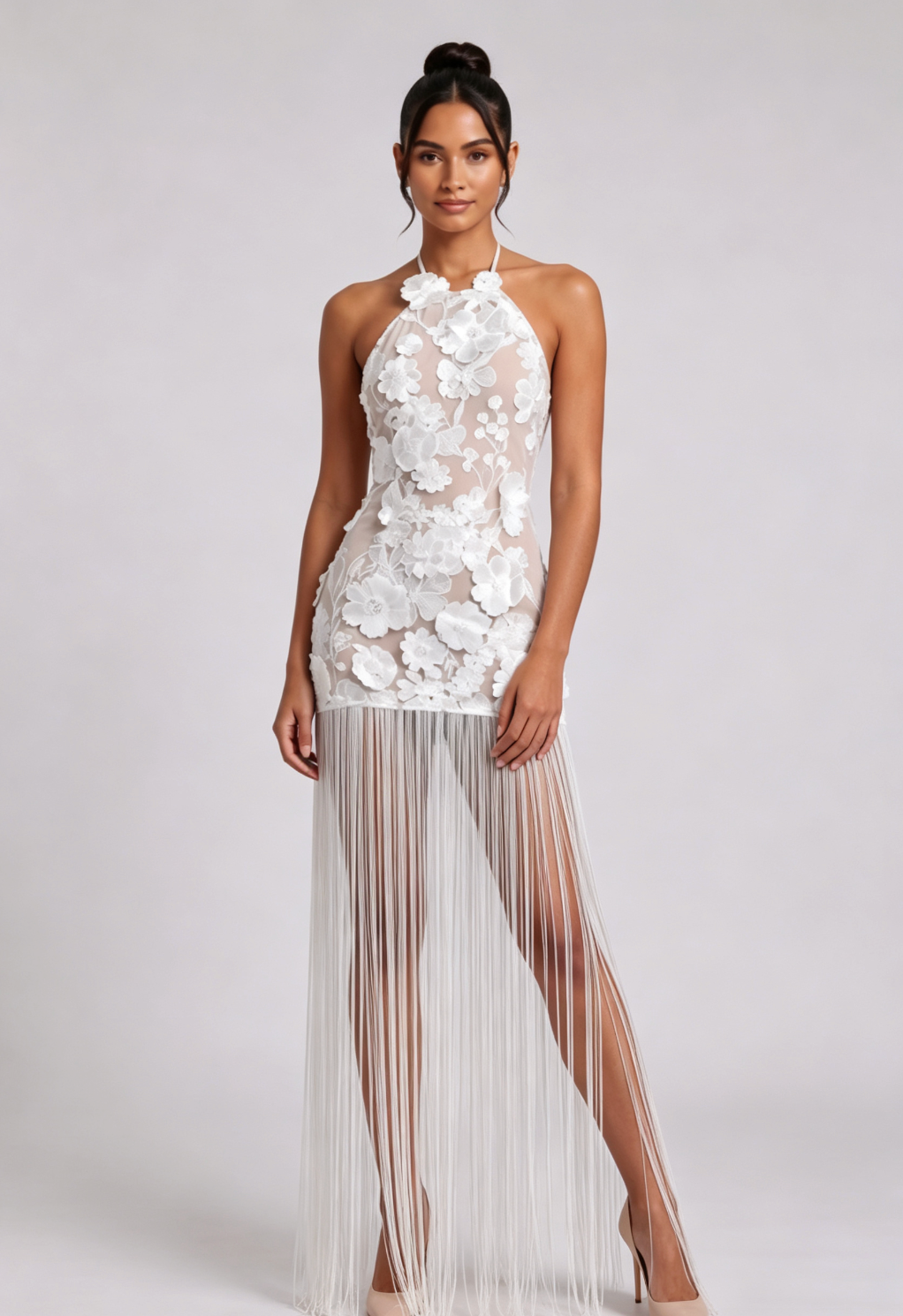 White Lace 3D Floral Appliques Bodycon Mini Dress with Floor-Length Fringe Overlay