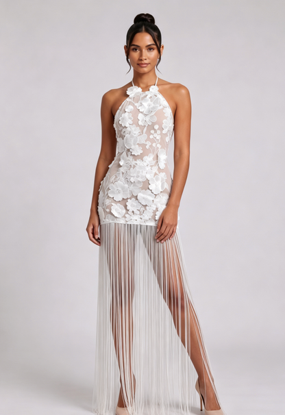 White Lace 3D Floral Appliques Bodycon Mini Dress with Floor-Length Fringe Overlay