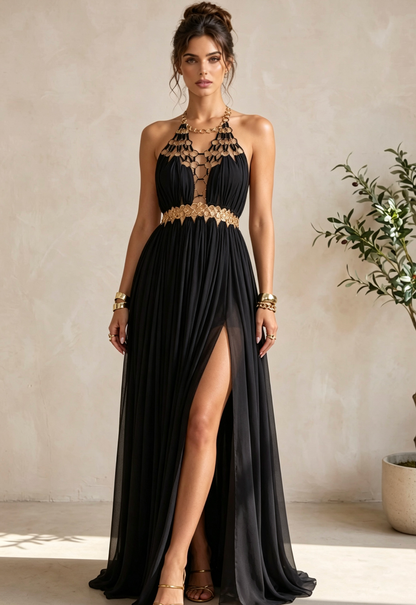 Black Chiffon A-Line Halter Evening Gown
