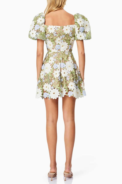 rebecca Flora Lace Mini Dress in Green