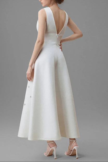 lily diamond V-neck midi dress in white