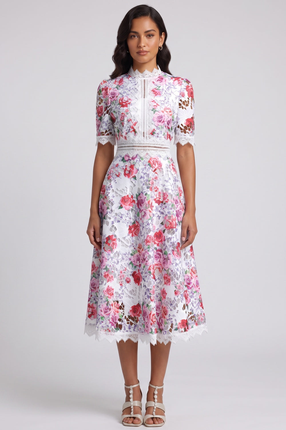 White Guipure Lace Floral Midi Dress white guipure lace dress - product view 1