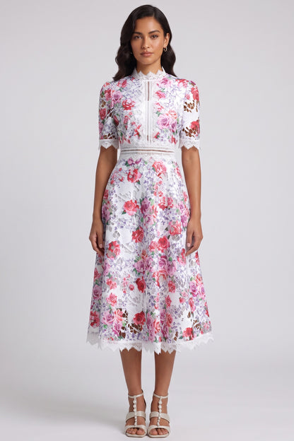 White Guipure Lace Floral Midi Dress white guipure lace dress - product view 1