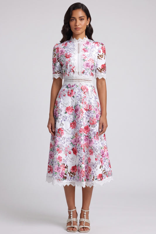 White Guipure Lace Floral Midi Dress white guipure lace dress - product view 1