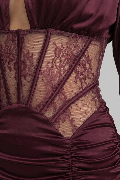 phoebe Satin Mini Dress with Lace Corset Insert – Burgundy