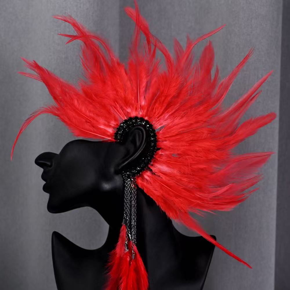 Dramatic Red Feather Ear Cuff, Black Rhinestone Ear Wrap with Silver Chain Tassel