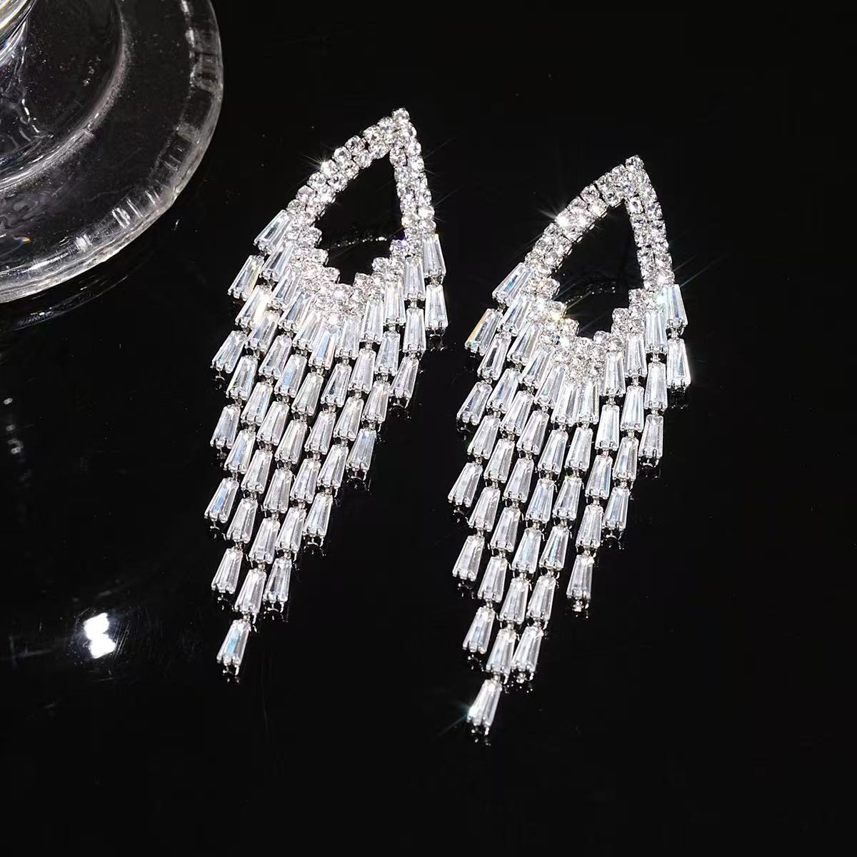 Teardrop Frame Aqua Baguette Crystal Tassel Drop Earrings