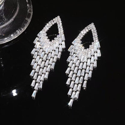 Teardrop Frame Aqua Baguette Crystal Tassel Drop Earrings