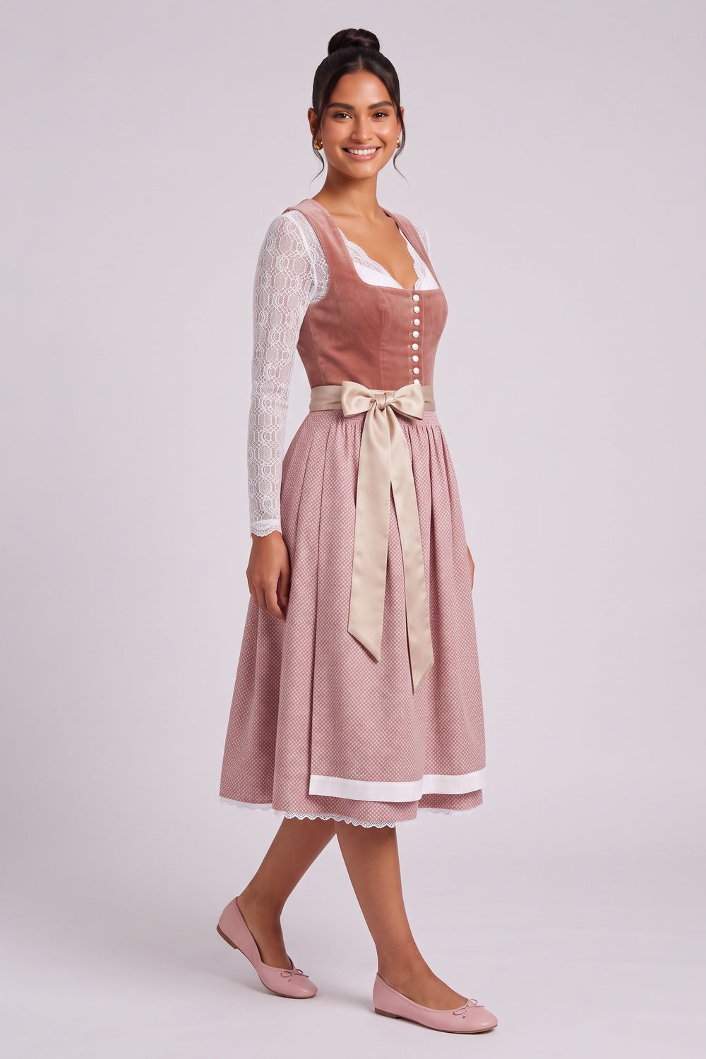 dusty rose velvet bodice a-line dirndl dress dusty rose, terracotta pink velvet bodice, woven patterned skirt dirndl dress - product view 3