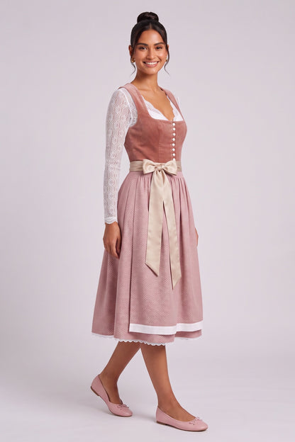 dusty rose velvet bodice a-line dirndl dress dusty rose, terracotta pink velvet bodice, woven patterned skirt dirndl dress - product view 3
