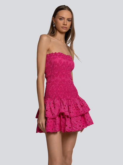 eyelet layered strapless mini dress in fuchsia