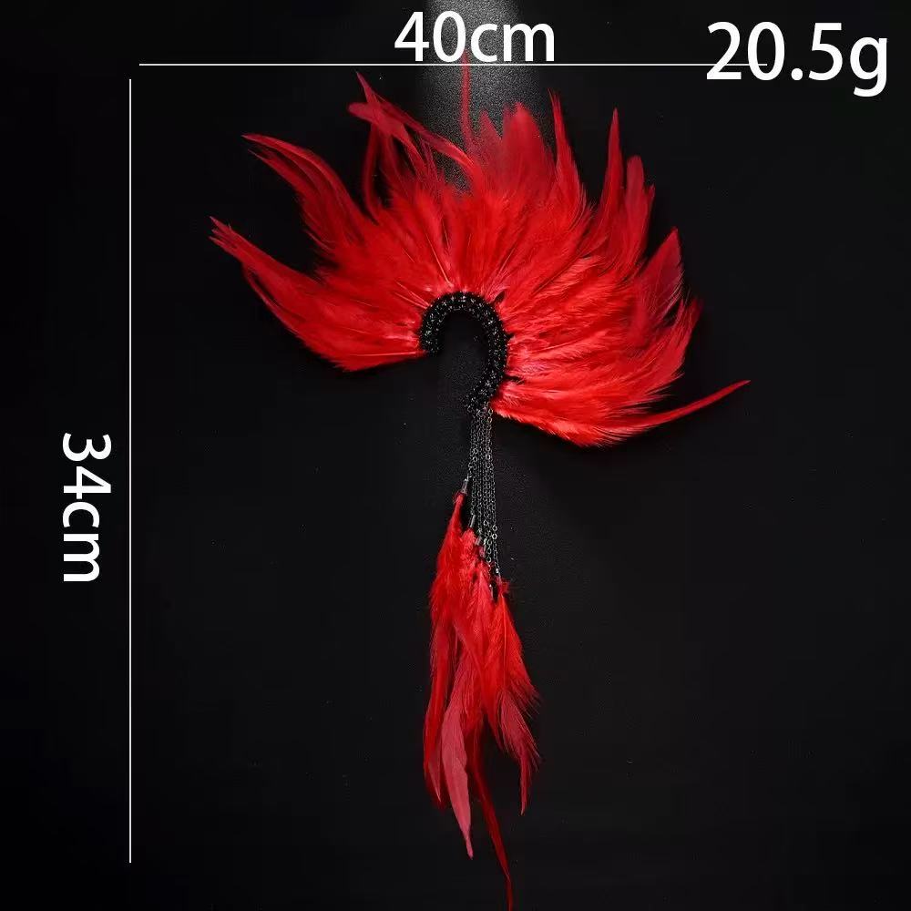 Dramatic Red Feather Ear Cuff, Black Rhinestone Ear Wrap with Silver Chain Tassel