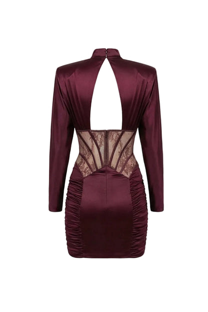phoebe Satin Mini Dress with Lace Corset Insert – Burgundy