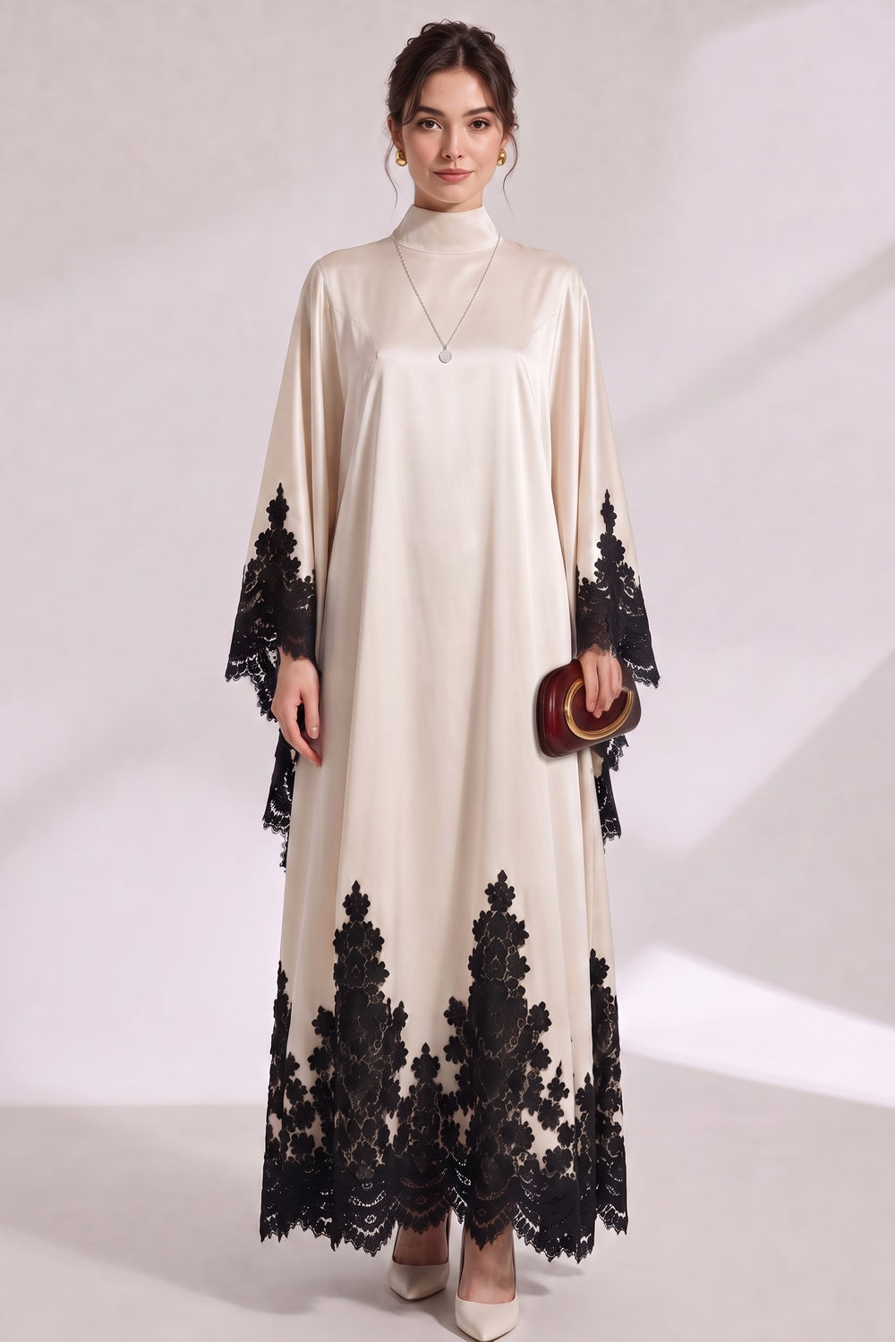 Cream Satin Oversized Flowing A-Line Kaftan Gown cream satin kaftan gown - product view 2