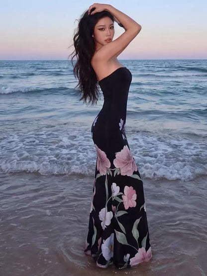 Black Floral Print Strapless Mermaid Maxi Dress