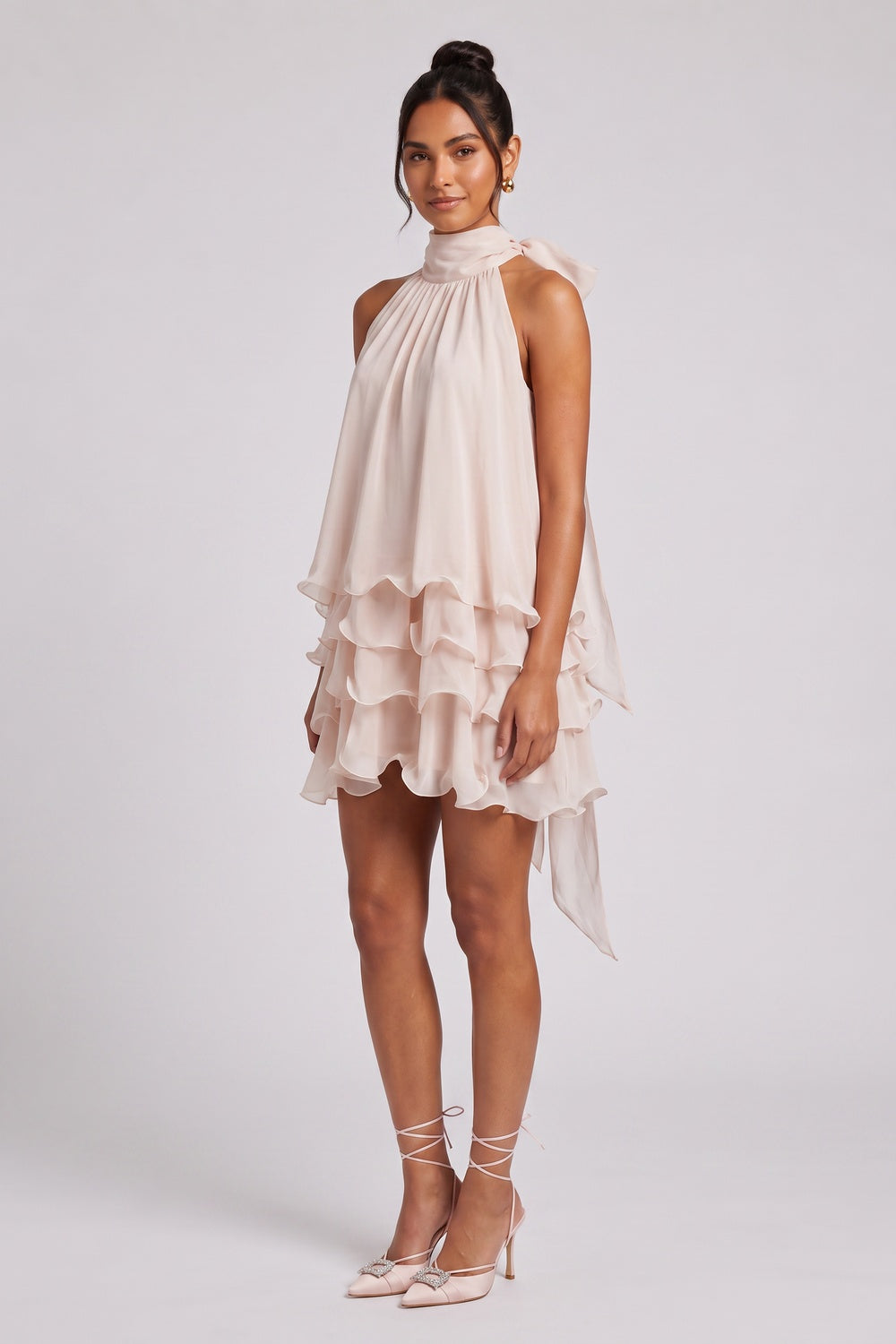 Pale Pink Chiffon Tiered Mini Dress with Halter Neck pale pink, blush pink chiffon dress - product view 1