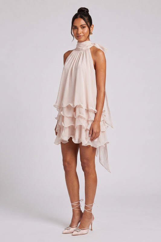 Pale Pink Chiffon Tiered Mini Dress with Halter Neck pale pink, blush pink chiffon dress - product view 1