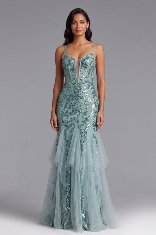 Seafoam Sequin Two-Piece Mermaid Evening Gown Premium Fabric - product view 2