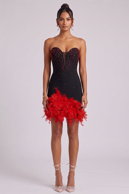 Black Heavy Stretch Knit Bodycon Mini Dress with Red Feather Trim black heavy stretch knit dress - product view 2