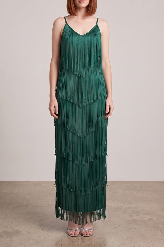 Spaghetti Strap V-Neck Layered Fringe Maxi Dress