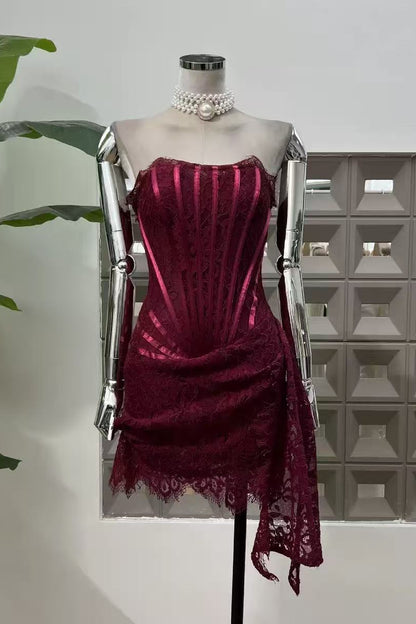 Burgundy Lace Overlay Bustier Mini Dress