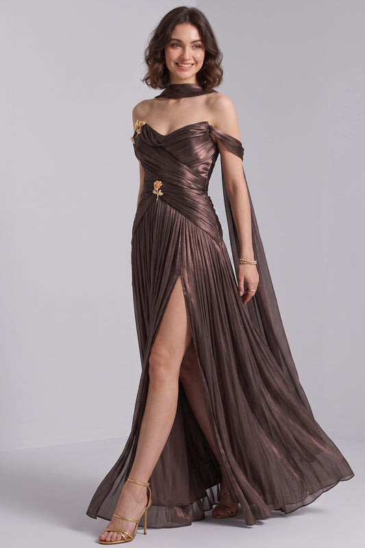 Bronze Metallic Draped A-Line Evening Gown with High Slit bronze, dark brown metallic lamé or silk blend evening gown - product view 2