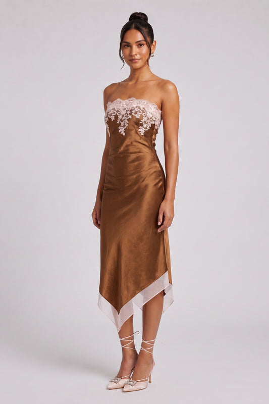 Bronze Satin Sheath Dress with Lace Applique bronze satin dress - product view 1