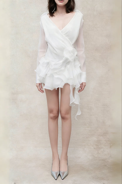 flower ruffle ribbon mini dress in white
